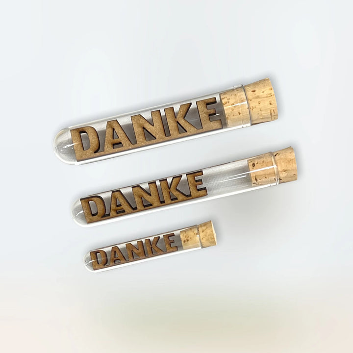 Personalisierter Reagenzglas mit Schriftzug "Danke"